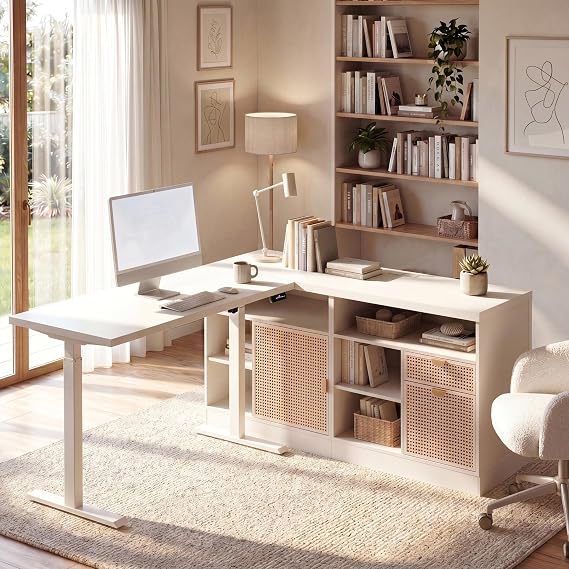 ModernMate 67" L-Shape Electric Stand Desk with Drawers and File Cabinet | Executive Corner Home Office Desk with Storage and Charging Station, AC/USB, 1.18" One-Piece Desktop, White Rattan