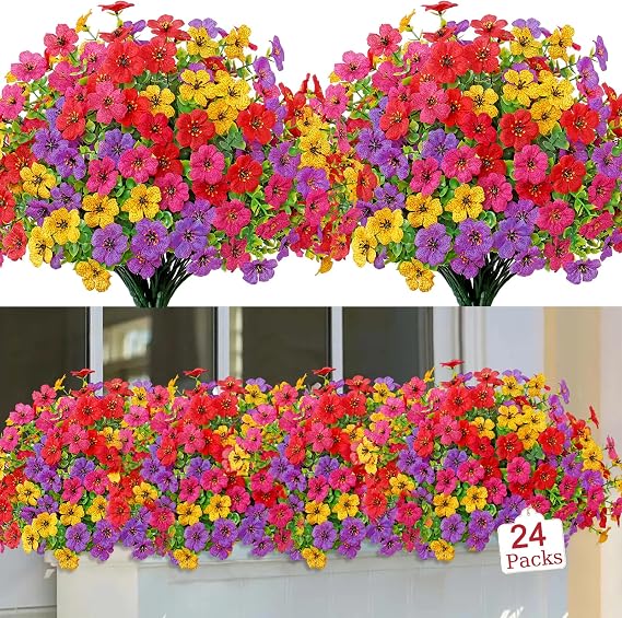 LOMOHOO 24 Bundles Artificial Flowers Outdoor UV Resistant Fake Flowers