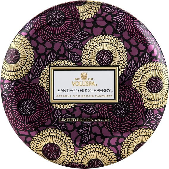 Voluspa Santiago Huckleberry Candle | 3 Wick Tin | 12 Oz. | 40 Hour Burn Time | Coconut Wax for Clean Burning