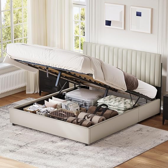Double Bed Upholstered Ottoman Bed Frame, 135x190 cm Double Bed with Storage and Headboard, Hydraulic Storage Beds Frame with Slats, PU, No Mattress