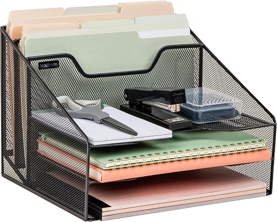 Mind Reader Metal Mesh Desktop File Organizer, 3-Tier Paper Tray with 5 Compartments, Office Mail Sorter, Black