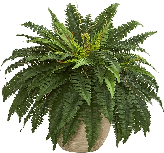 Nearly Natural 22 in Artificial Boston Fern Plant in Sandstone Planter