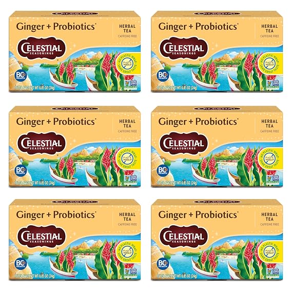 Celestial Seasonings Ginger + Probiotics Herbal Tea, Caffeine Free, 16 Tea Bags Box (Pack of 6)