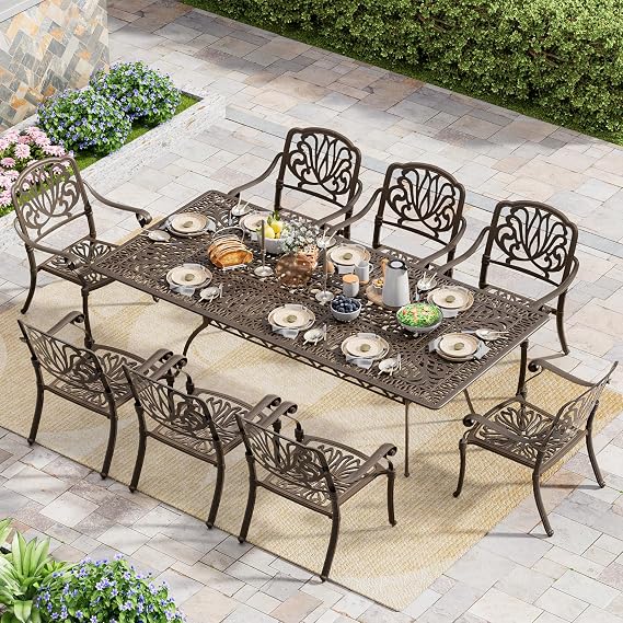 Grepatio 9 Piece Cast Aluminum Outdoor Dining Set, Patio Furniture Set with 2 Umbrella Hole and 8 Chairs, Patio Dining Furniture Set for Porch Poolside Garden (Without Cushions)