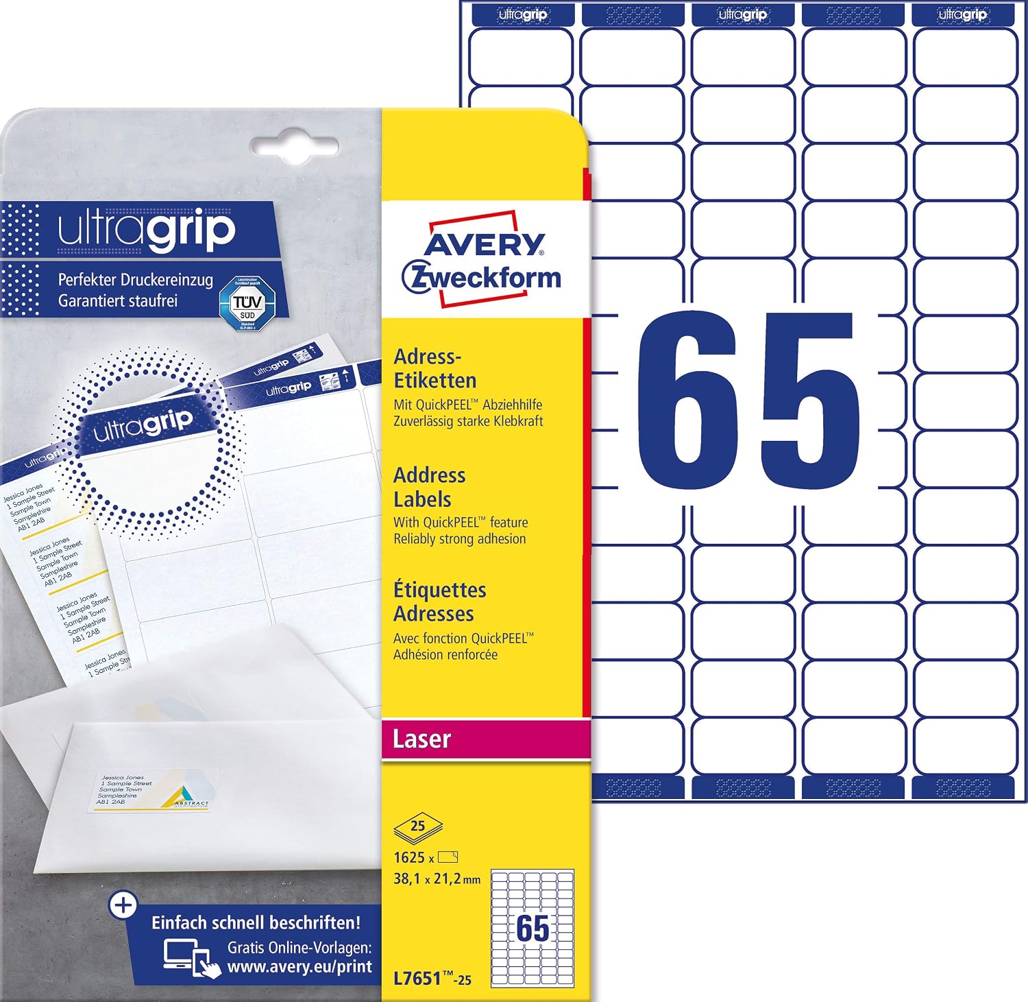 AVERY Zweckform L7651-25 Address Labels 1,625 Labels with Ultragrip, 38.1 x 21.2 mm on A4, Printable, Self-Adhesive for Labels, Matte Paper 25 Sheets White