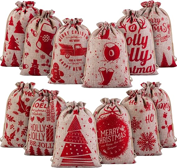 MIMIND 24 Pack Christmas Jute Bags - 7 x 5 Inch Linen Bags with Drawstrings for Christmas Party Favors, 12 Designs