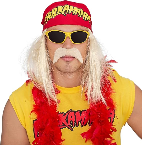 TV Store Wrestler Hogan Halloween Costume with T-Shirt, Sunglasses, Bandana, Wig, Boa, Mustache & 2 Wristbands Set for Adult