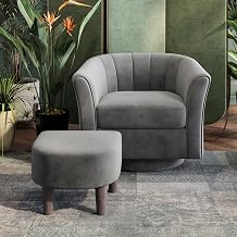 LINSY Swivel Accent Chair Ottoman Set: Velvet Larege Barrel Chair with Foot Rest, Modern Reading Chair Upholstered Armchair with Footrest for Living Room Bedroom Study Room Office (Grey)