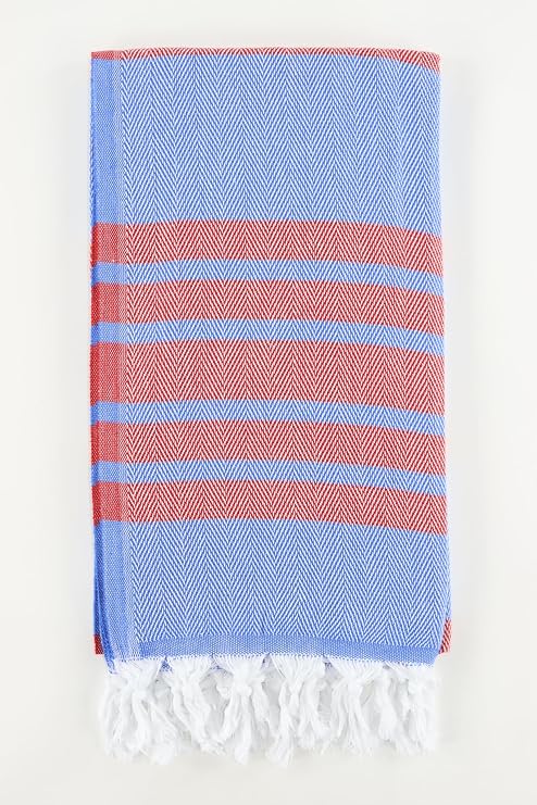 Premium Turkish Herringbone Towel Fouta Peshtemal Beach Bath Spa Yoga Hammam Gym Pool Towel Wrap Pareo Sarong Authentic 100% Turkish Cotton (Blue & Red)