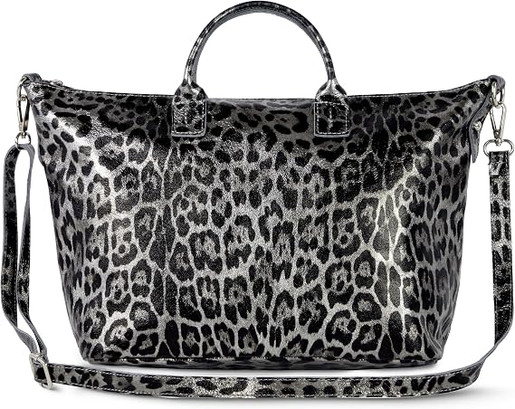 Italian Genuine Metallic Suede Tote Bag for Women with Leopard Print & Detachable Strap | Everyday Crossbody Purse (Silver)