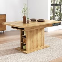 Coolfish Extendable Dining Table, Kitchen Table with Storage, Rectangular Coffee Leisure Table, Modern Simple Iron, Space-saving Multifunctional Table Oak