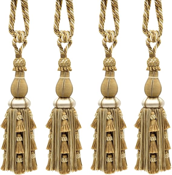 Large Elegant Curtain & Drapery Tassel Tieback, Tassel Length 12" (30.5cm), 30" Spread (76cm) # TBAX12, Almond Beige #LX01 (Gold Beige, Light Brown, White Ivory) Set of 4