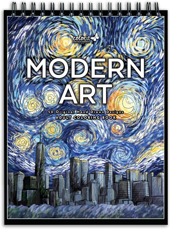 ColorIt Modern Art Adult Volume 1 Coloring Book for Stress Relief, 50 Drawings Inspired by Famous Paintings, Smooth Paper, Spiral Binding, USA Printed, Lay Flat Hardback Book Cover, Ink Blotter Paper