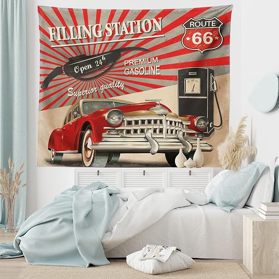 Ambesonne Cars Tapestry, Poster Style Image Gasoline Station Commercial Element Route 66 IllustrationPrint, Wide Wall Hanging for Bedroom Living Room Dorm, 60" X 40", Vermilion Beige