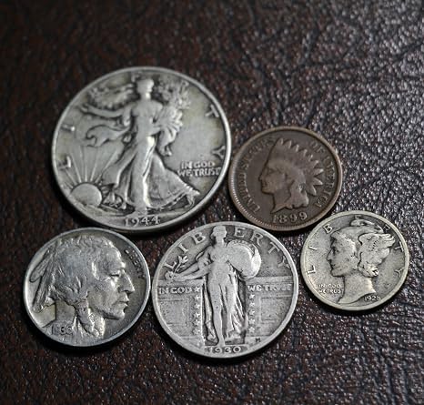 Old U.S. Silver Coins 5 Coin Collection Gift Set - Indian Head Cent, Buffalo Nickel, Mercury Dime, Standing Liberty Quarter, Walking Liberty Half Dollar