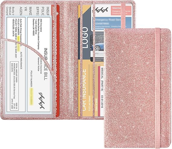 DMLuna Car Registration and Insurance Holder, Folio Leather Vehicle Card Document Glove Box Organizer, Auto Truck Compartment Accessories for Essential Information, Driver License Cards, Glitter Rose