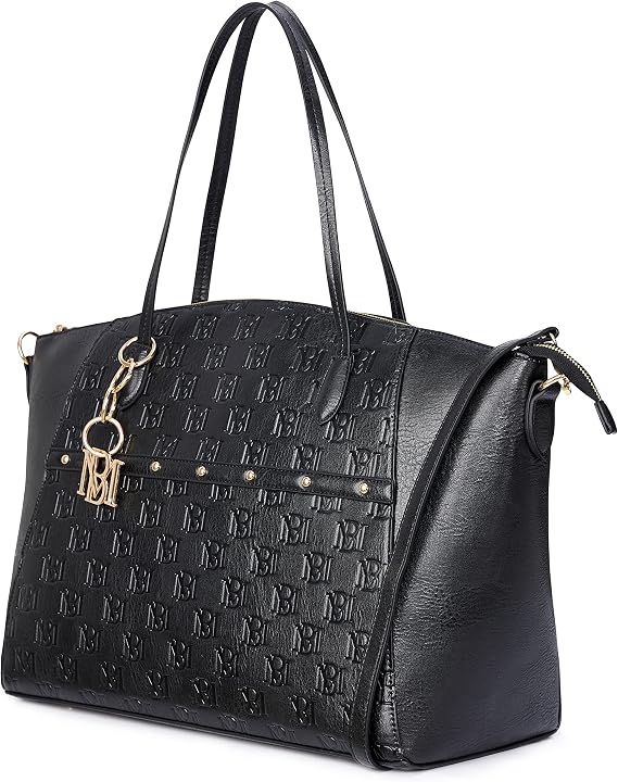 Badgley Mischka Caroline Weekender Travel Bag for Women, Vegan Leather Duffel Tote with Trolley Sleeve, Monogram Design, Carry On Overnight Bag (Black)