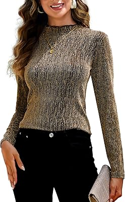 YYA Womens Sparkly Tops for Women Ruffle Sparkly Shiny Turtle Neck Shirts Long Sleeve Slim Fitted Tops S-XXL