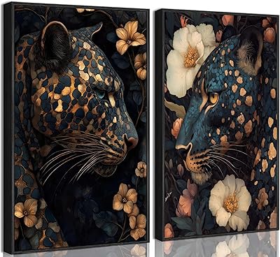 Framed Dark Cheetah Canvas Wall Art Moody Blue and Gold Leopard Wildlife Animal Flower Pictures Painting Wall Decor Poster Print Artwork for Living Room Bedroom Decoration