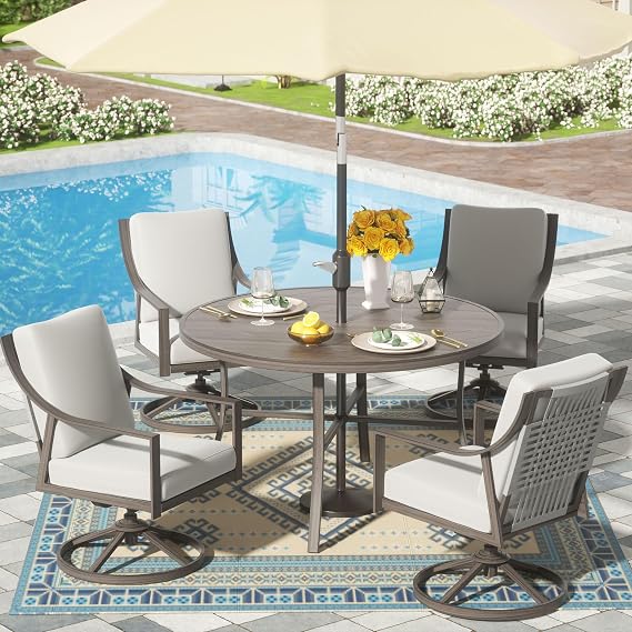 NATURAL EXPRESSIONS 5-Piece Outdoor Patio Dining Set, 4pcs Patio Swivel Rocking Chairs and 38 Round Dining Table with 1.65 Umbrella Hole