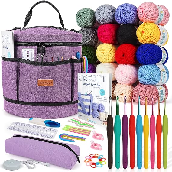 Katech Crochet Kit for Beginners, Adults, Kids Includ Everything You Needed | Crochet & Knitting Kits Includes Crochet Hooks,Large Storage Bag,Soft Yarn, Instruction Compelet Crochet Supplies-Ideal Gift