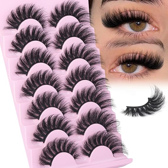 EYDEVRO Fluffy Lashes D Curl Faux Mink Lashes Cat Eye False Eyelashes 6D 18mm Dramatic Volume Lashes Full Thick Strip Lashes Reusable Fake Lashes 7 Pairs Pack