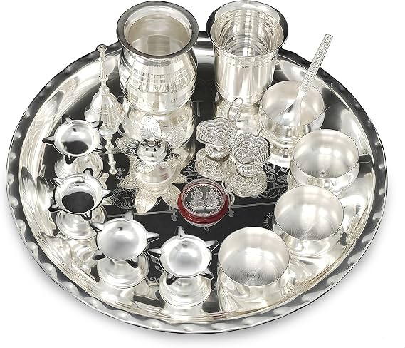 NOBILITY Pooja Thali Set 12 Inch Silver Plated Puja Thali for Diwali Decoration Gift Items Festival Ethnic Puja Thali for Temple Office Home Wedding Return Gifts