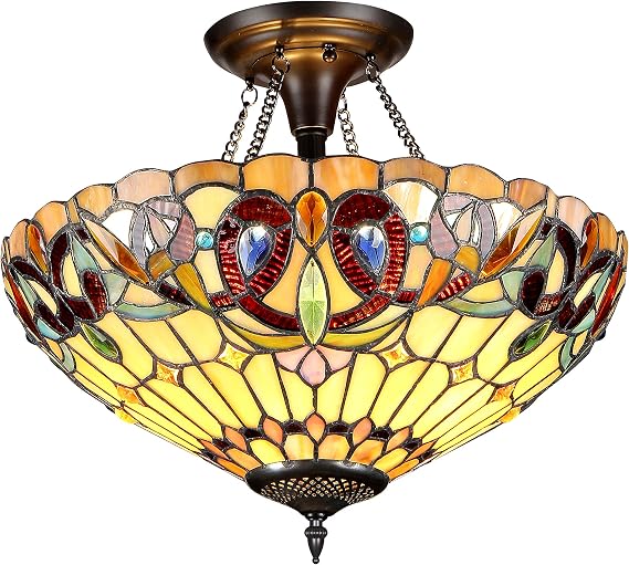 Capulina Tiffany Lamp Cream Brown Stained Glass Semi Ceiling Light 2-Light