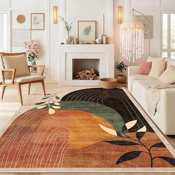 MUJOO Washable 8x10 Area Rugs Non Slip Mid Century Modern Terracotta | Machine Washable Large Throw Carpet for Living Room Dining Room Bedroom Indoor Boho Abstract Botanical Retro Rust