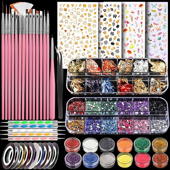Teenitor Nail Art Brushes Nail Art Tools, Nail Brushes for Nail Art Kit with Nail Stickers, Nail Design Tools Nail Design Brushes Nail Gems, Nail Stuff Dotting Tools Nail Art Stickers Nail Supplies