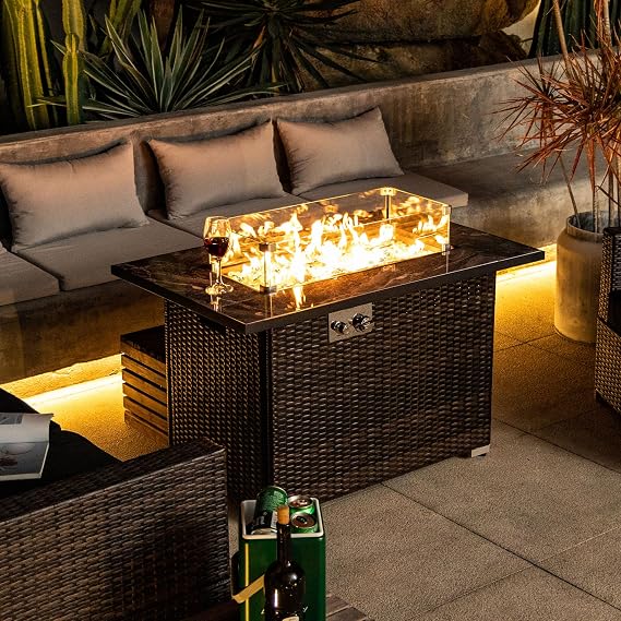 44" Propane Gas Fire Pit Table, 50,000 BTU Outdoor Rectangular Fire Table with Tile Top & Wicker Base, Glass Wind Guard, Cover & Glass Rocks Included, Patio Firepit for Backyard & Deck, Brown