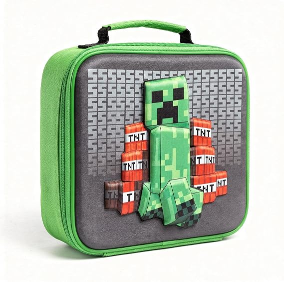 Minecraft Creeper 3D Kids Lunch Bag for School - Durable Insulated Food Bag for Lunch Boxes and Snacks + Handle + Zip for Minecraft Game Fans