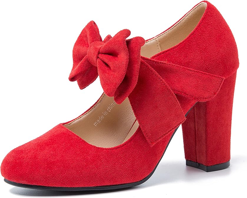 MAIERNISI JESSI Women's Mary Jane Pumps with Bow, 3.54 Inch Chunky Heel, Round Closed Toe Dress Shoes