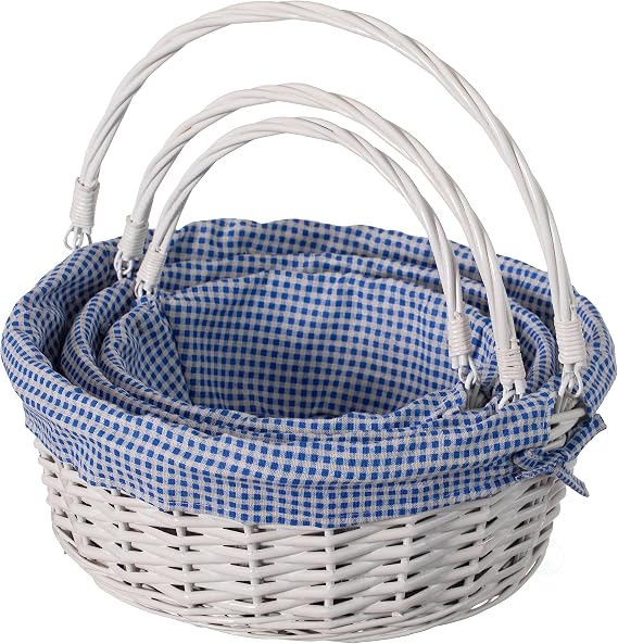 WICKERWISE Traditional White Round Willow Gift Basket with Gingham Liner and Sturdy Handles, Food Snacks Storage Basket, Blue, Foldable Handles Set of 3