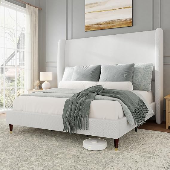 Jocisl Size Bed Frame Tall Wingback Headboard Upholstered, White