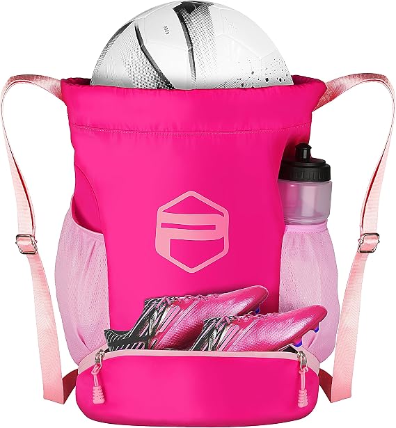 PP PICADOR Soccer Ball Bags, Drawstring Basketball Backpack for Sport Training with Ball Shoe Dry and Wet Compartments(Pink)