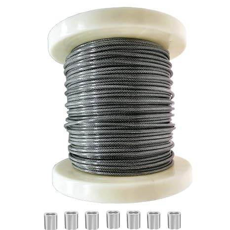Vinyl Coated Wire Rope,1/8 Inch Diameter, Stainless Steel 304 Wire Cable 164Feet and 10 PCS Aluminum Crimping Loop (7x7 Strand Core)