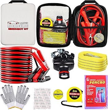 LIANXIN Car Emergency Roadside Tool Kit, Auto Emergency Kits Vehicles, with Jumper Cables kit,Car Safety Roadside Assistance Kit,Headlamp,Tow Straps,Tape Measure,Rainwear,Gloves.Gloves.Pale