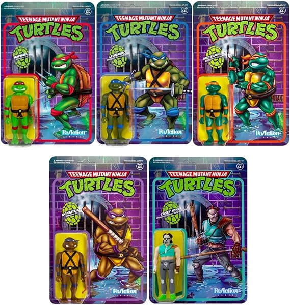 Super 7 Teenage Mutant Ninja Turtles 3.75 in Reaction Figure 5 pc Bundle Donatello, Leonardo, Michelangelo, Raphel, Casey Jones Action Figure Set, Green, SPR997745