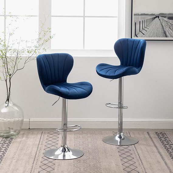 Modern Bar Stools with Backs Set of 2, Blue Velvety Upholstered Adjustable Height Tall Bar Stools, Swivel Bar Chair for Kitchen Lsland Cafe Pub (Blue +Velvety)