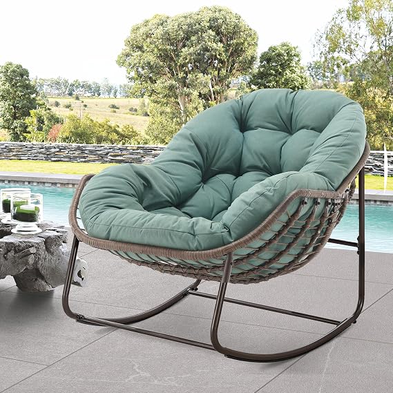 Outdoor Papasan Rocking Chair - Oversized Comfy Patio Chair Indoor Egg Royal Rattan Rocking Chair with Cushion for Front Porch Lounge Lawn Bedroom Living Room (Grass Green)