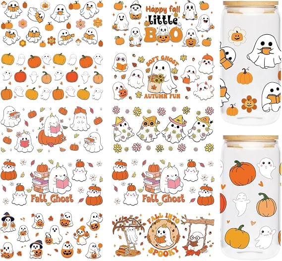 Fall UV DTF Cup Wraps, 10 Sheet Ghost Sticker for 16 OZ Glass | 10 Sheets 9.45x4.33 Inch Full Wrap, Cute Ghost Fall Designs, UV DTF Print, Peel-and-Press, Waterproof