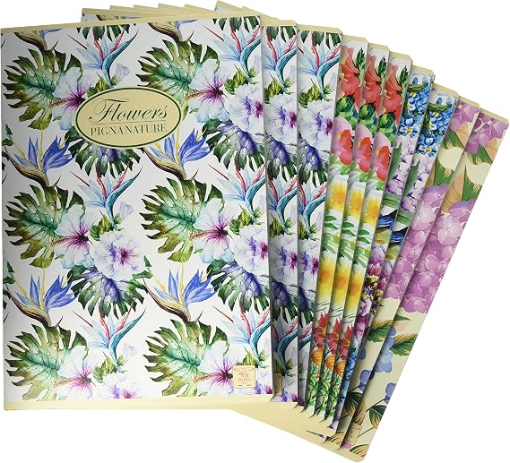 Pigna 02088361R Nature Flowers Notebook A4, Ruling 1R, Lines for Medium and Higher, Recycled Paper 80 g/m², Pack of 10