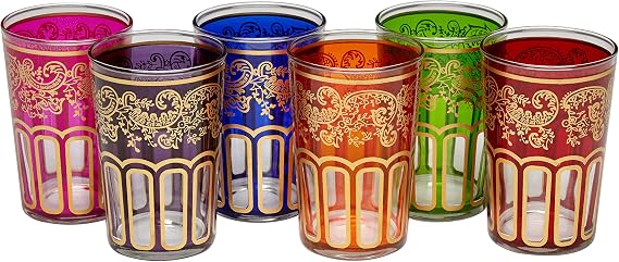 Moroccan Tea Glasses with a Beautiful Classical Moroccan Design Painted and Decorated by Hand Pack of 6 (Multicoloured)