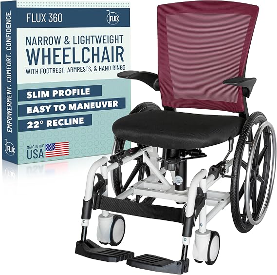 Flux 360 Daily Living Narrow Wheelchair for Adults and Seniors, Small Spaces, Lightweight, 23.75" Width, 300 lbs Weight Capacity, 19"-22" Seat Height, with Footrest, Flip-Away Armrests and Hand Rings