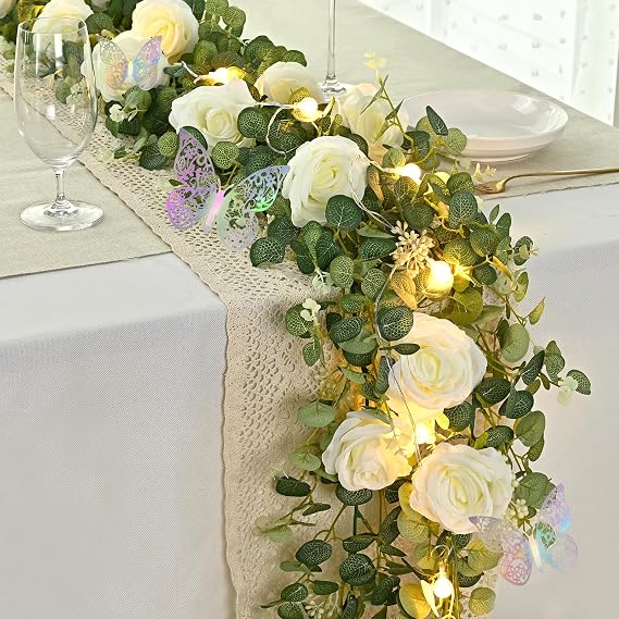 6 Ft White Fuller Flower Garland with Light 6 Pcs Butterfly, Fake Rose Vine