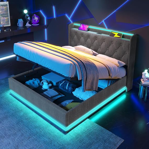 5ft Upholstered Ottoman Bed King Size with 360 Surround Led Function and USB Type-C, Hydraulic Kingsize Bed Frame 150x200 cm with Large Storage Space and Headboard, Linen, Grey, No Mattress