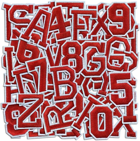 Letter and Number Iron On Patches, A-Z Alphabet and Numbers 0-9 Embroidery Applique Patch, DIY Decorative Heat Press Patches for Clothing Jeans Jackets Backpacks Hats (Red 72 Pcs)