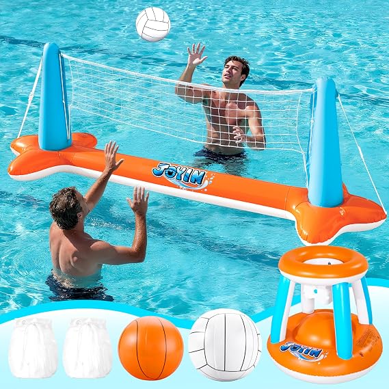 JOYIN XL Inflatable Pool Float Set, 125'' Volleyball Net & Basketball Hoops, Extra Large Floating Swimming Game Toy for Kids and Adults, Summer Floaties, Volleyball Court|Basketball, XL-Orange