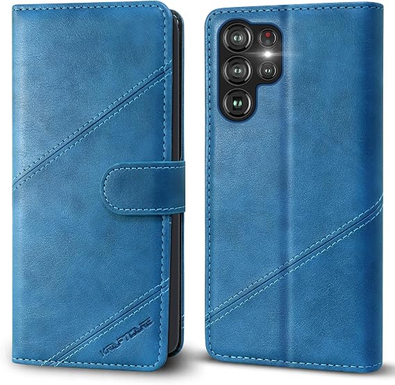 Handyhülle für Samsung Galaxy S23 Ultra Hülle Klapphülle mit Premium PU Leder 3 Kartenfächer + Geldscheinfach Ständer Stoßfeste RFID Blockierung Navy Blau